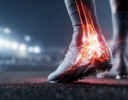 A footballer's foot with a glowing injured ankle bone and sports shoe on a field. Concept Of Sports Injury, Ankle Pain, Football Trauma.